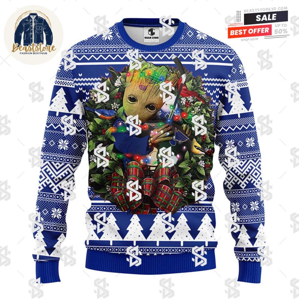 St. Louis Blues Groot Hug Christmas Ugly Sweater