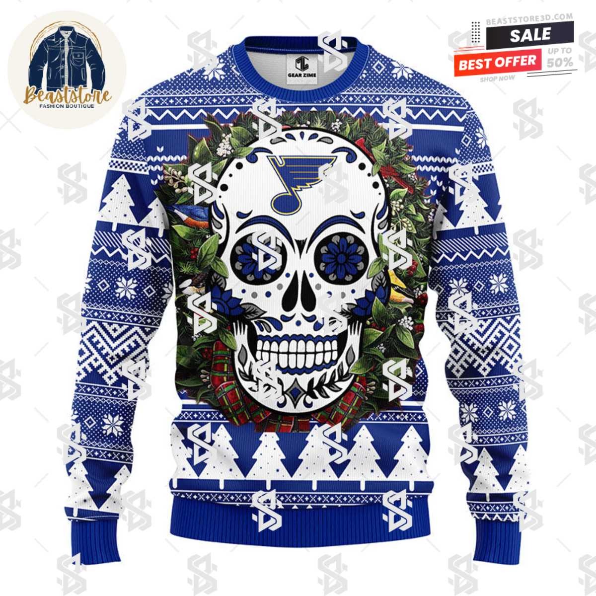 St. Louis Blues Skull Flower Ugly Christmas Ugly Sweater