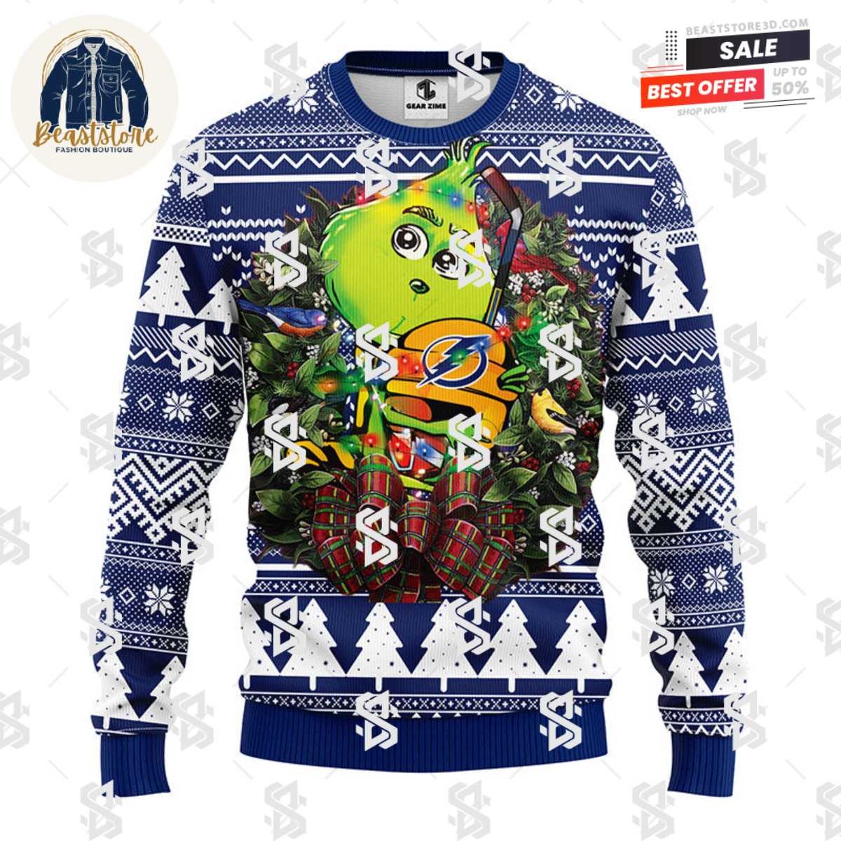 Tampa Bay Lightning Grinch Hug Christmas Ugly Sweater