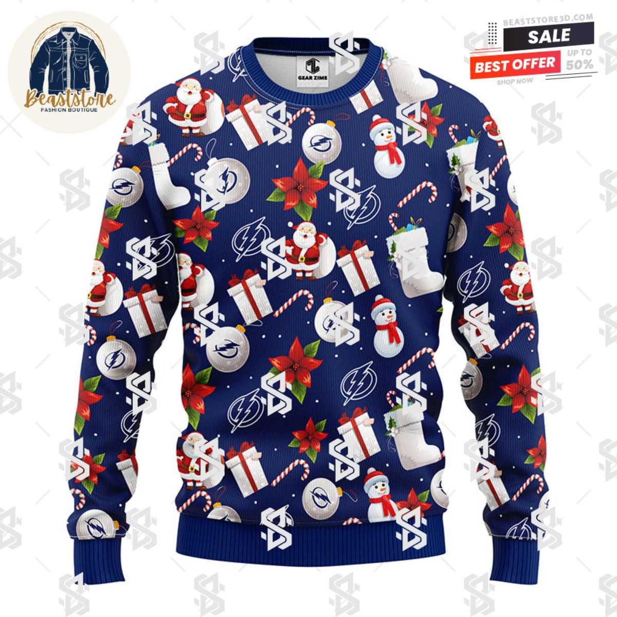 Tampa Bay Lightning Santa Claus Snowman Christmas Ugly Sweater
