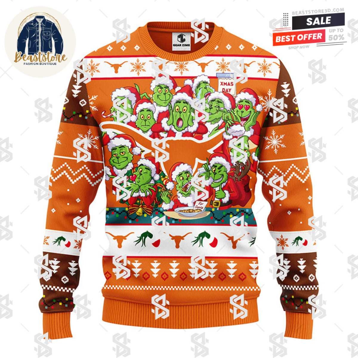 Texas Longhorns 12 Grinch Xmas Day Christmas Ugly Sweater