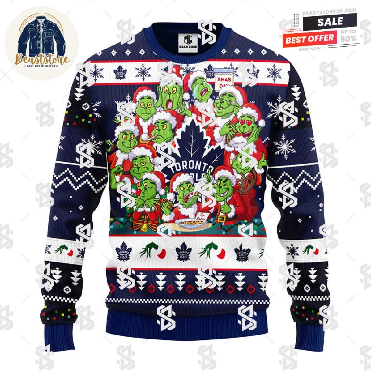 Toronto Maple Leafs 12 Grinch Xmas Day Christmas Ugly Sweater