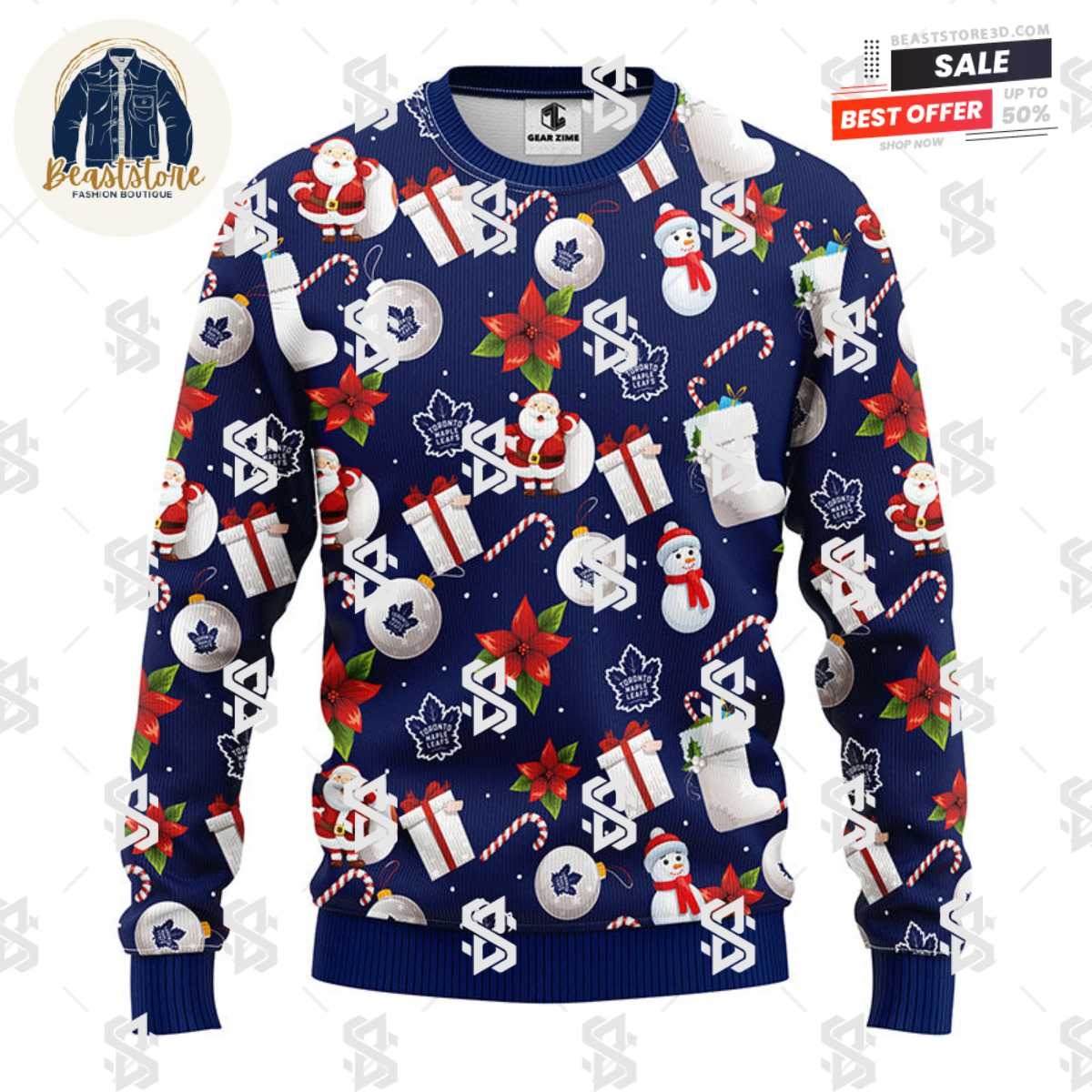 Toronto Maple Leafs Santa Claus Snowman Christmas Ugly Sweater