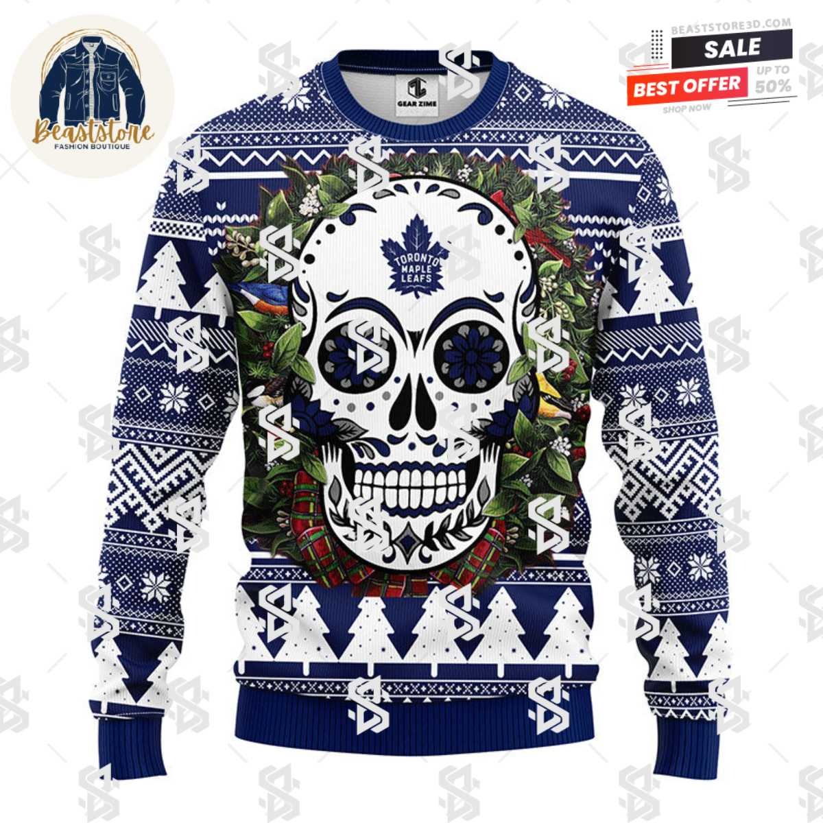 Toronto Maple Leafs Skull Flower Ugly Christmas Ugly Sweater