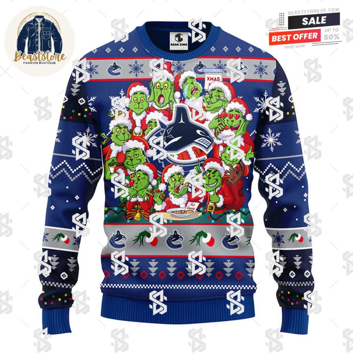 Vancouver Canucks 12 Grinch Xmas Day Christmas Ugly Sweater