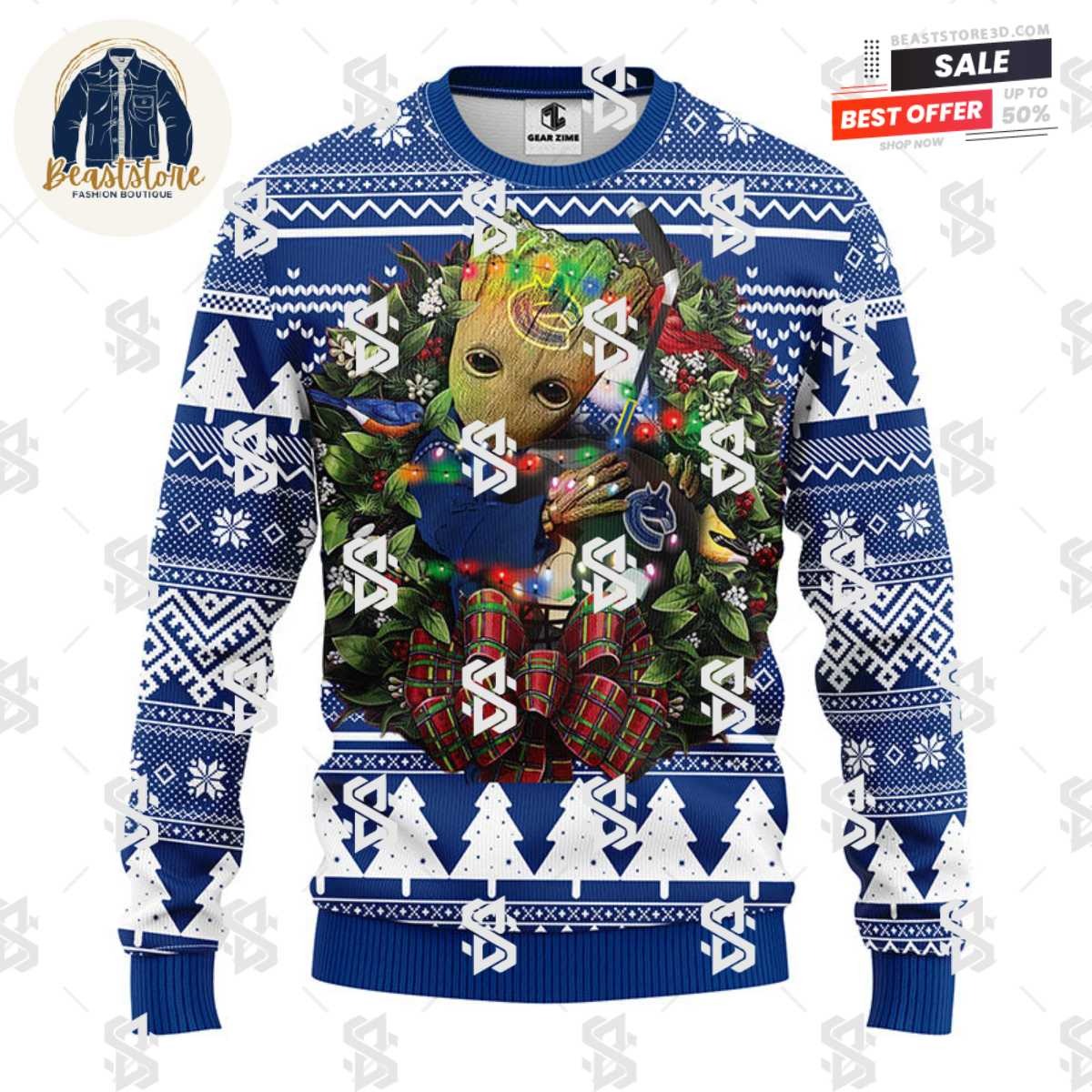 Vancouver Canucks Groot Hug Christmas Ugly Sweater