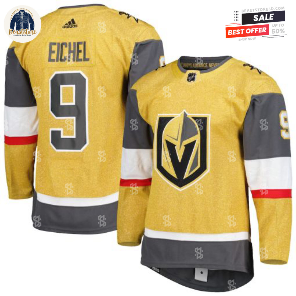 Vegas Golden Knights Jack Eichel Gold Adidas NHL Hockey Jerseys