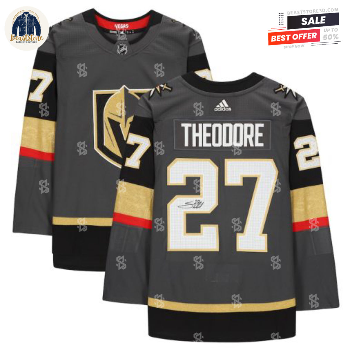 Vegas Golden Knights Shea Theodore Grey Alternate Adidas NHL Hockey Jerseys