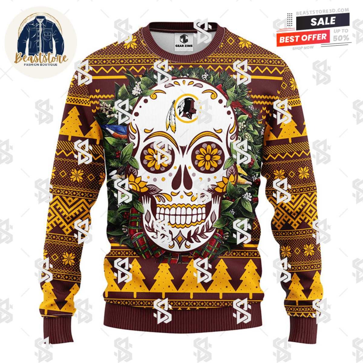Washington Redskins Skull Flower Ugly Christmas Ugly Sweater