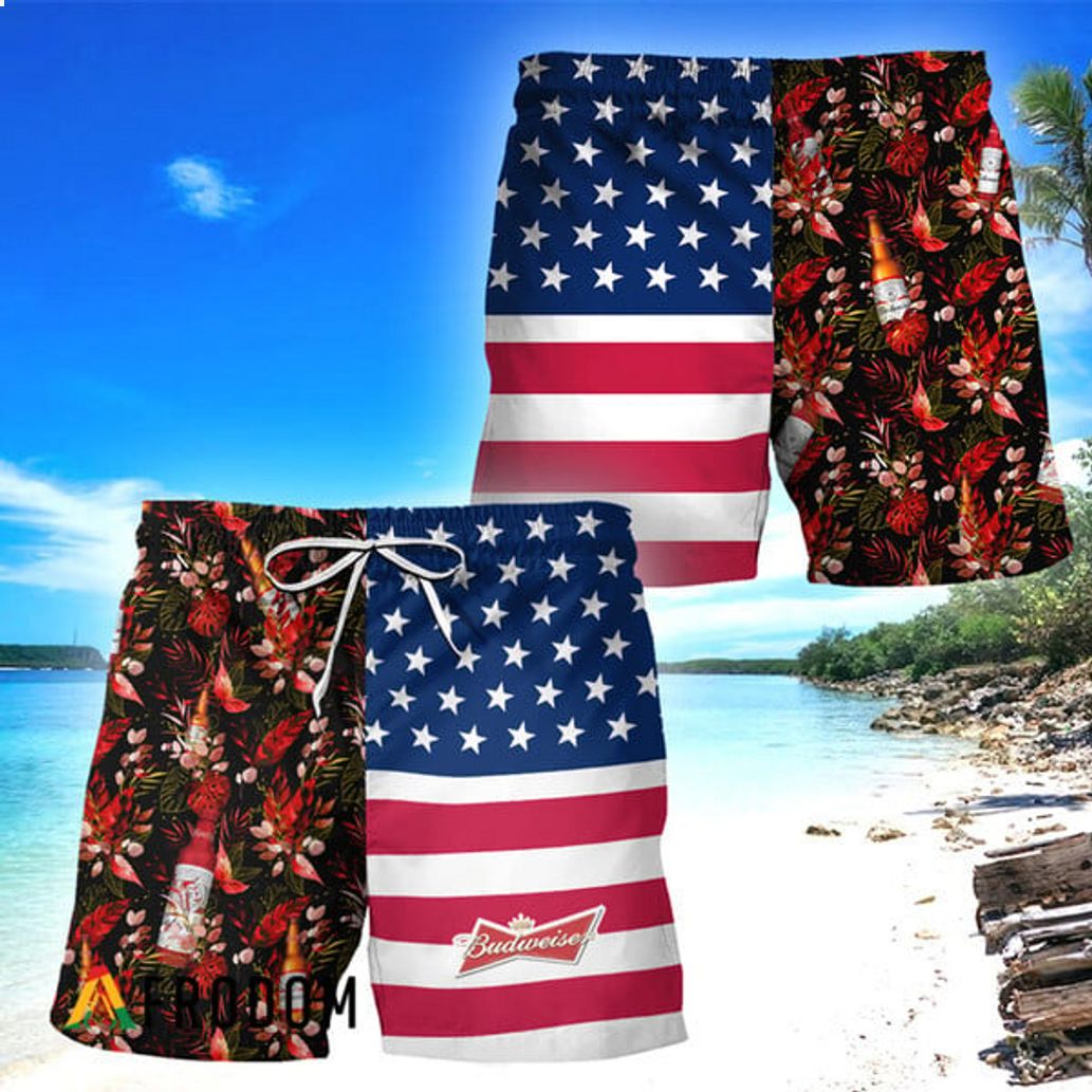 Budweiser Flower American Flag Hawaiian Short