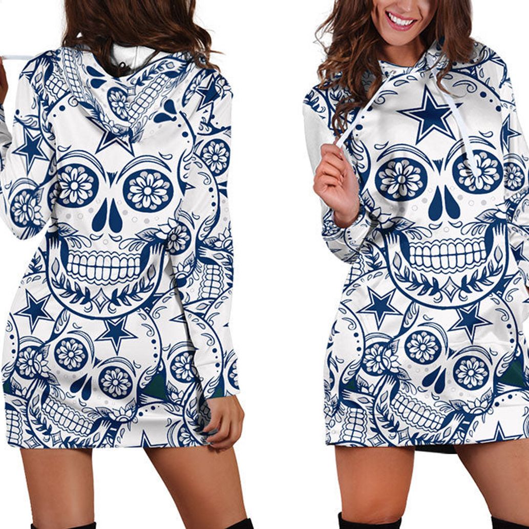 NFL Dallas Cowboys Skull Flower Blue Hoodie Dress 3D