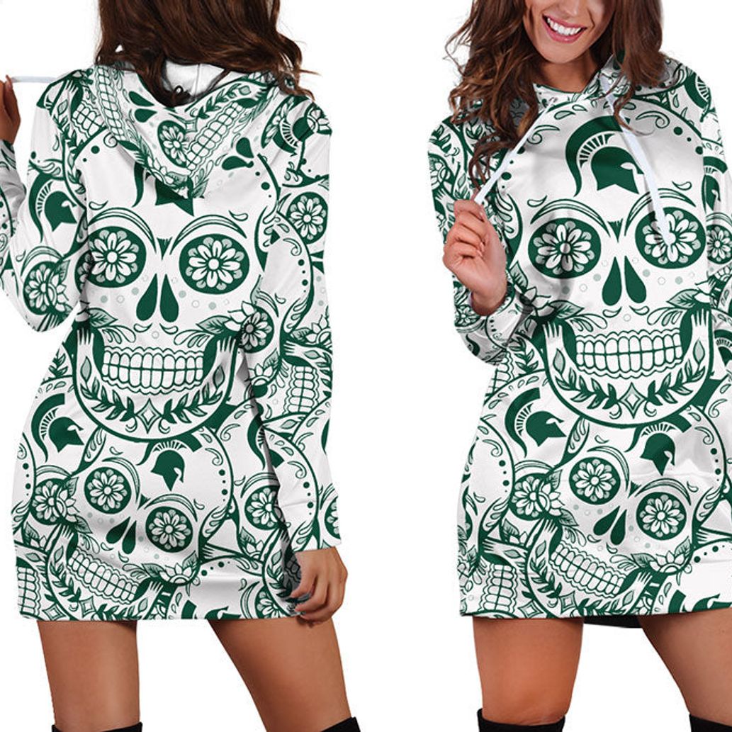 Michigan State Spartans NCAA Skull Flower Green Hoodie Dress