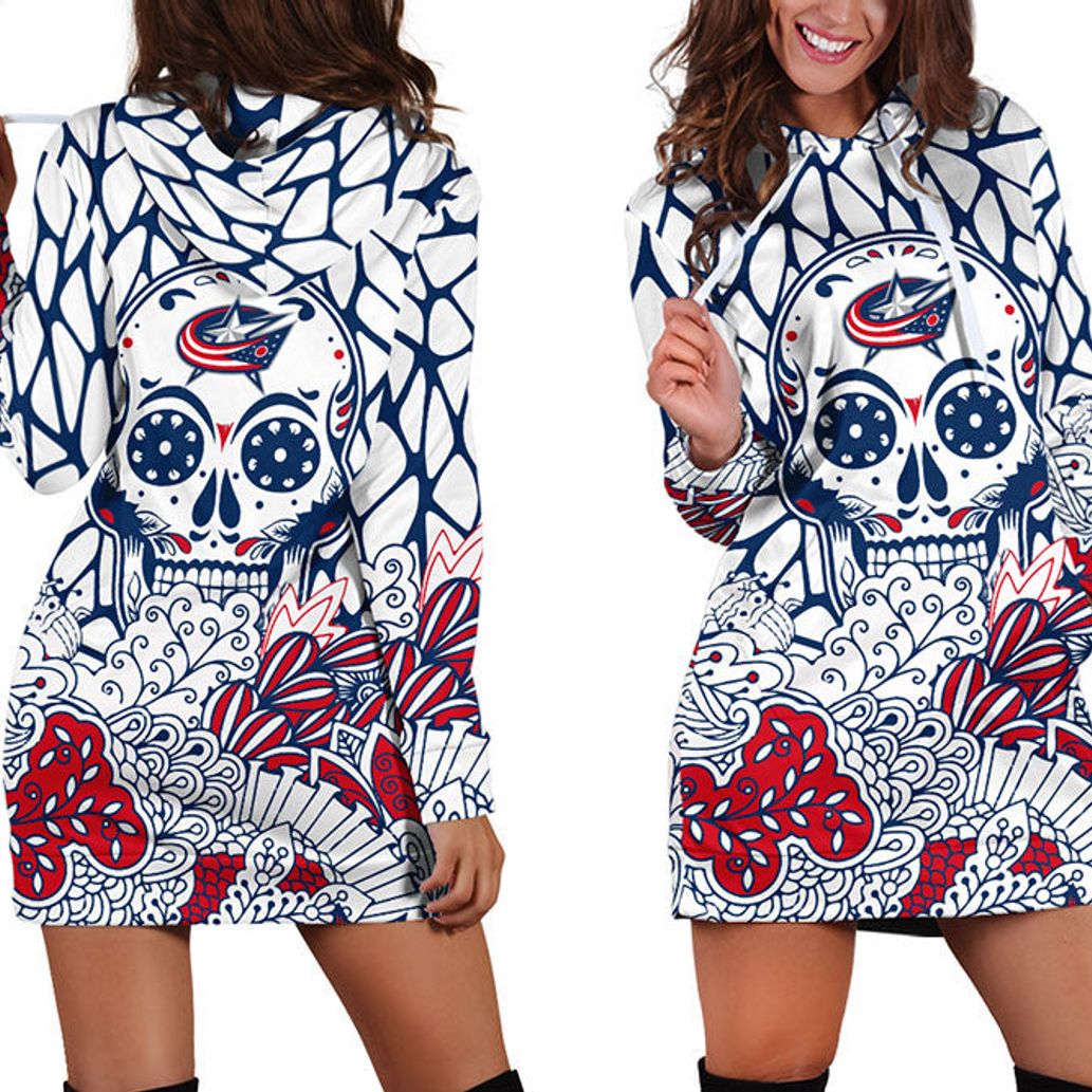 NHL Columbus Blue Jackets Skull Flower Blue Hoodie Dress