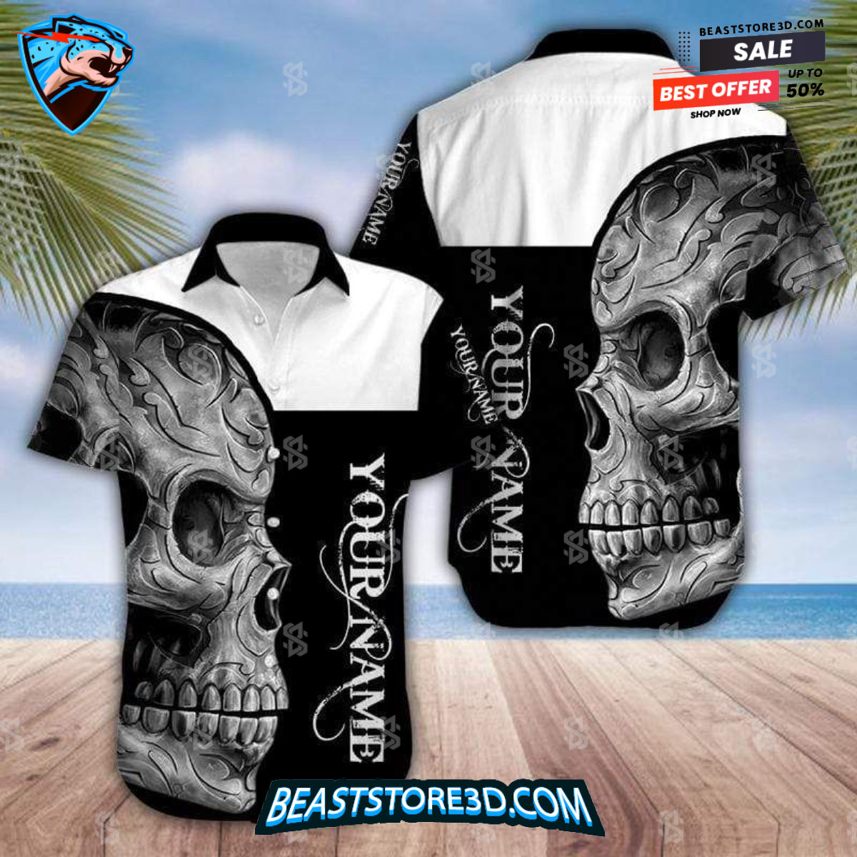 Buy Name Black And White Skull Aloha Hawaiian Shirt 1697613655987 2nNRQ.jpg